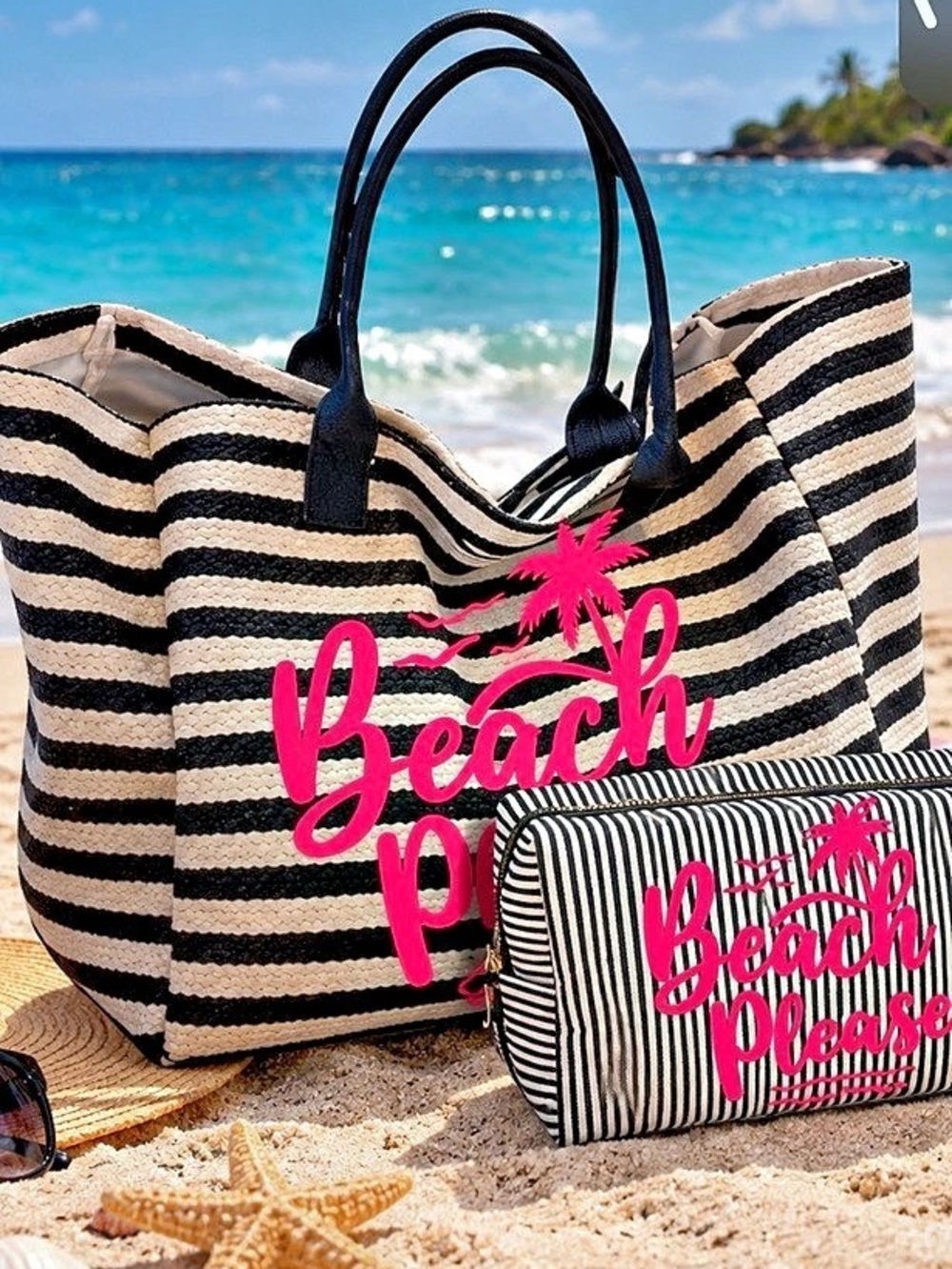 Striped Beach Tote in Black & White NWT